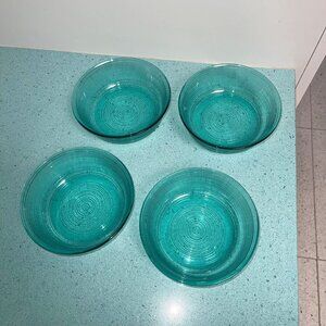 Arcoroc Vintage Cereal Bowl Teal Jardiniere Ribbed Glass Soup Set of 4 France